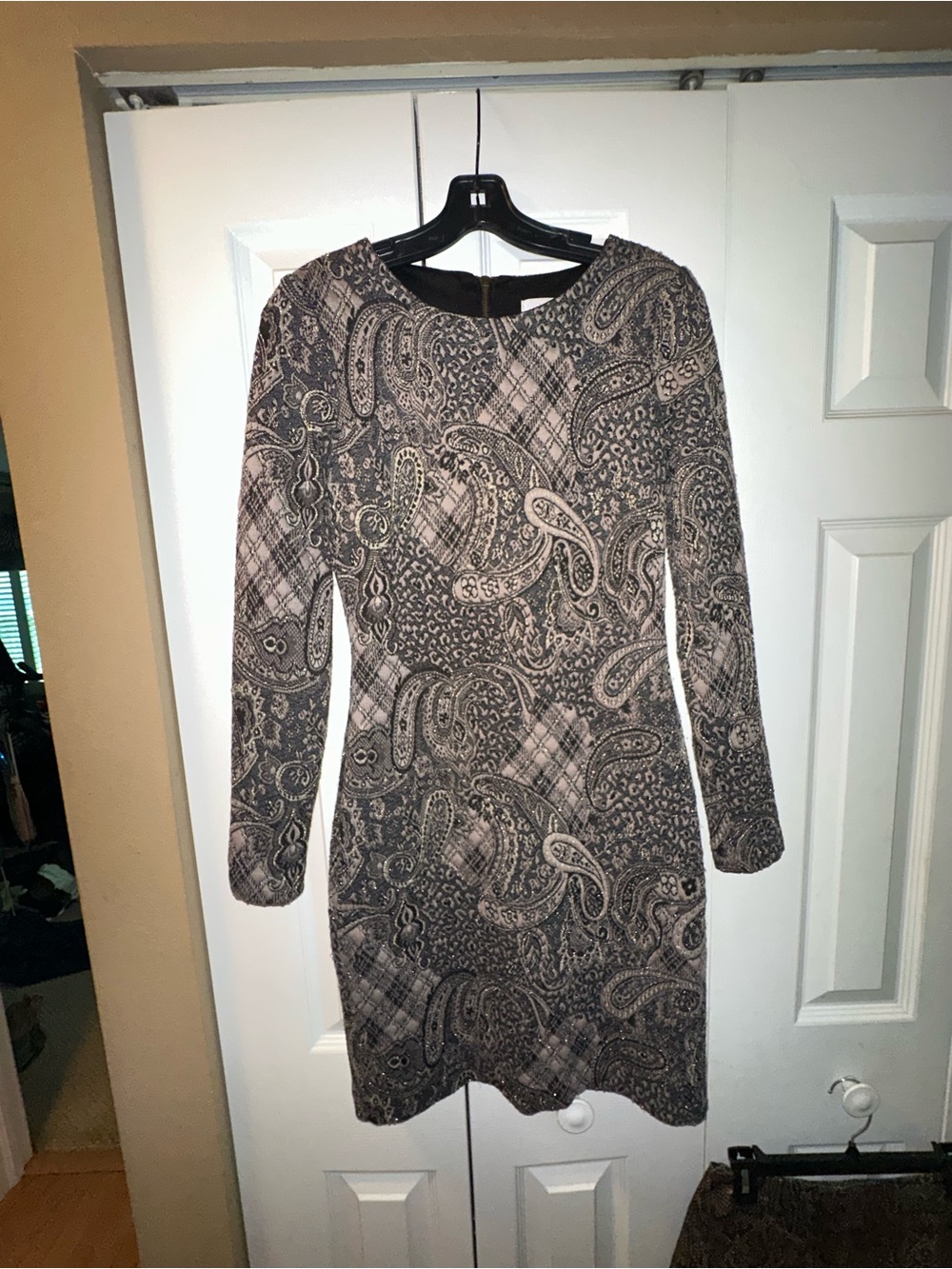 Badgley Mischka Taupe and Black Long Sleeve Paisley Shift Dress